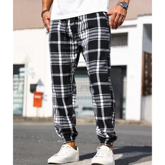 Best OUKU Men's Trousers Casual Pants Drawstring Elastic Waist Plaid Wearable Outdoor Daily Fashion Classic Black