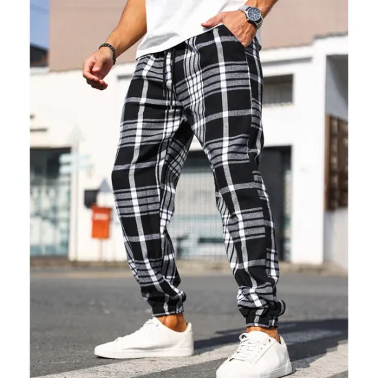 Best OUKU Men's Trousers Casual Pants Drawstring Elastic Waist Plaid Wearable Outdoor Daily Fashion Classic Black