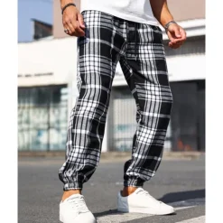 Best OUKU Men's Trousers Casual Pants Drawstring Elastic Waist Plaid Wearable Outdoor Daily Fashion Classic Black