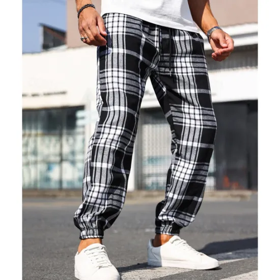 Best OUKU Men's Trousers Casual Pants Drawstring Elastic Waist Plaid Wearable Outdoor Daily Fashion Classic Black