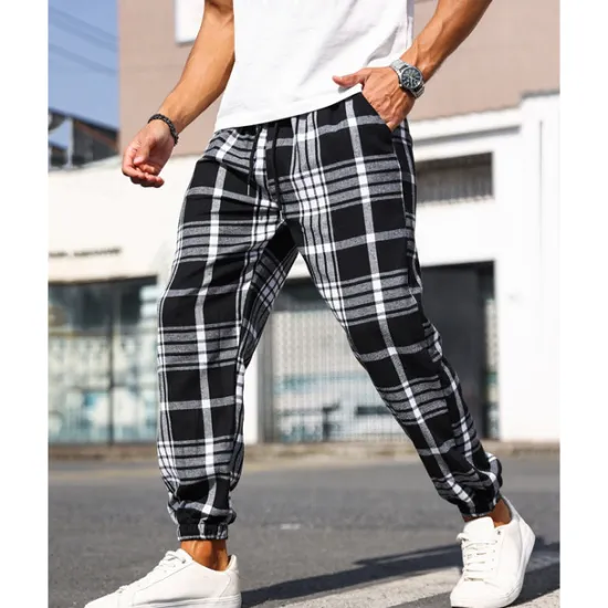 Best OUKU Men's Trousers Casual Pants Drawstring Elastic Waist Plaid Wearable Outdoor Daily Fashion Classic Black