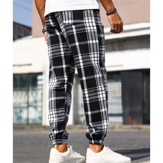 Best OUKU Men's Trousers Casual Pants Drawstring Elastic Waist Plaid Wearable Outdoor Daily Fashion Classic Black