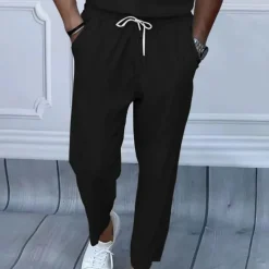 New OUKU Men's Trousers Casual Pants Pocket Drawstring Elastic Waist Plain Comfort Daily Vacation Going out Fashion Casual Black White Micro-elastic