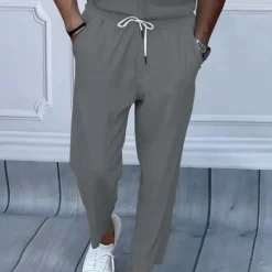 New OUKU Men's Trousers Casual Pants Pocket Drawstring Elastic Waist Plain Comfort Daily Vacation Going out Fashion Casual Black White Micro-elastic