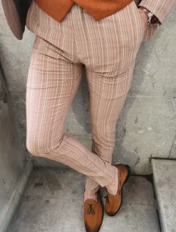 Hot OUKU Men's Trousers Chinos Chino Pants Pocket Stripe Comfort Business Daily Streetwear Fashion Basic Orange Khaki