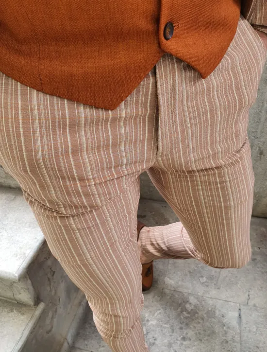 Hot OUKU Men's Trousers Chinos Chino Pants Pocket Stripe Comfort Business Daily Streetwear Fashion Basic Orange Khaki