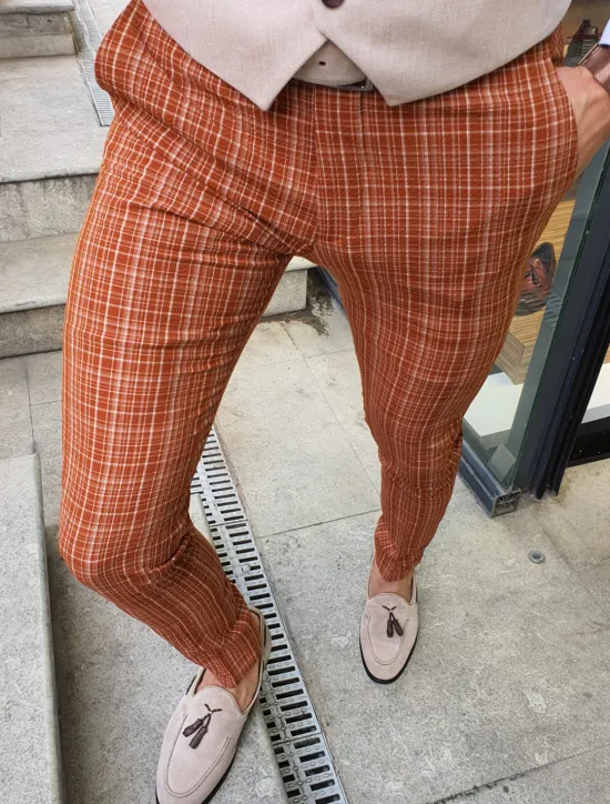 Hot OUKU Men's Trousers Chinos Chino Pants Pocket Stripe Comfort Business Daily Streetwear Fashion Basic Orange Khaki