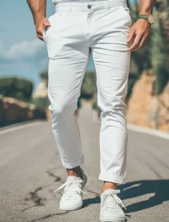 New OUKU Men's Trousers Chinos Chino Pants Casual Pants Front Pocket Plain Comfort Soft Full Length Outdoor Casual Daily Fashion Streetwear Black White Micro-elastic