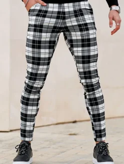 Hot OUKU Men's Trousers Chinos Chino Pants Plaid Dress Pants Pocket Plaid Comfort Breathable Outdoor Daily Going out Fashion Streetwear White Red