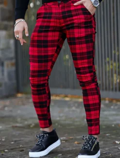 Hot OUKU Men's Trousers Chinos Chino Pants Plaid Dress Pants Pocket Plaid Comfort Breathable Outdoor Daily Going out Fashion Streetwear White Red