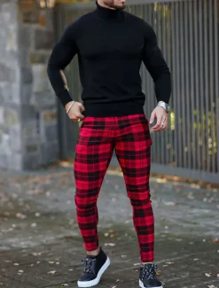 Hot OUKU Men's Trousers Chinos Chino Pants Plaid Dress Pants Pocket Plaid Comfort Breathable Outdoor Daily Going out Fashion Streetwear White Red