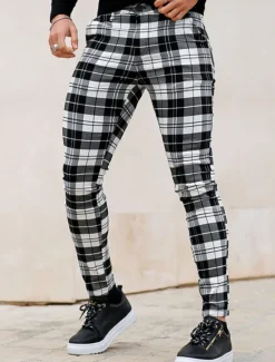 Hot OUKU Men's Trousers Chinos Chino Pants Plaid Dress Pants Pocket Plaid Comfort Breathable Outdoor Daily Going out Fashion Streetwear White Red