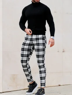 Hot OUKU Men's Trousers Chinos Chino Pants Plaid Dress Pants Pocket Plaid Comfort Breathable Outdoor Daily Going out Fashion Streetwear White Red