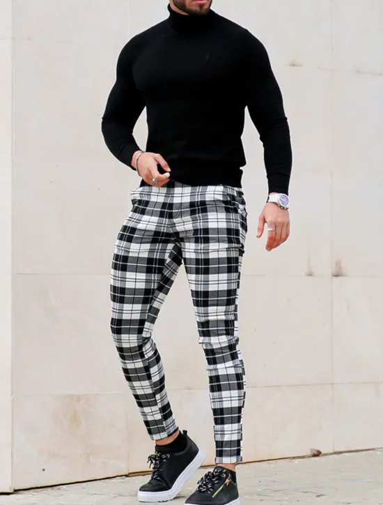 Hot OUKU Men's Trousers Chinos Chino Pants Plaid Dress Pants Pocket Plaid Comfort Breathable Outdoor Daily Going out Fashion Streetwear White Red