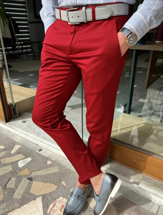 Clearance OUKU Men's Trousers Chinos Chino Pants Pocket Plain Comfort Breathable Outdoor Daily Going out Fashion Casual Red Blue
