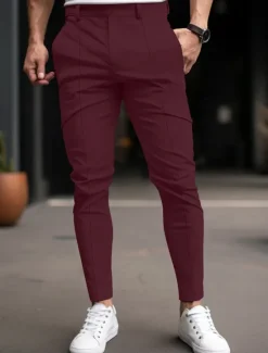 OUKU Men's Trousers Chinos Chino Pants Pleated Plaid Comfort Work Business Daily Casual Black Wine Micro-elastic
