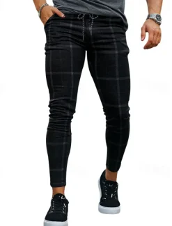 OUKU Men's Trousers Chinos Chino Pants Pocket Plaid Comfort Breathable Business Daily Fashion Casual Black