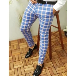 Clearance OUKU Men's Trousers Chinos Chino Pants Plaid Dress Pants Print Lattice Full Length Casual Daily Casual Trousers White & Blue Purple Micro-elastic