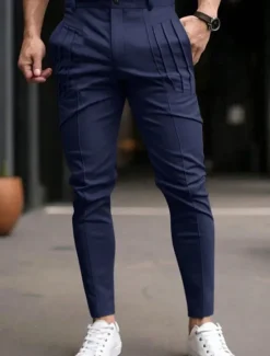 Hot OUKU Men's Trousers Chinos Chino Pants Casual Pants Pocket Elastic Waist Pleats Plain Comfort Soft Full Length Outdoor Daily Going out Fashion Streetwear Black Blue Micro-elastic