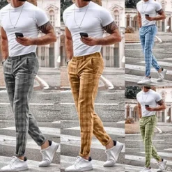 Discount OUKU Men's Trousers Chinos Jogger Pants Plaid Dress Pants Pocket Straight Leg Plaid Comfort Breathable Casual Daily Streetwear Sports Fashion Yellow Blue Micro-elastic