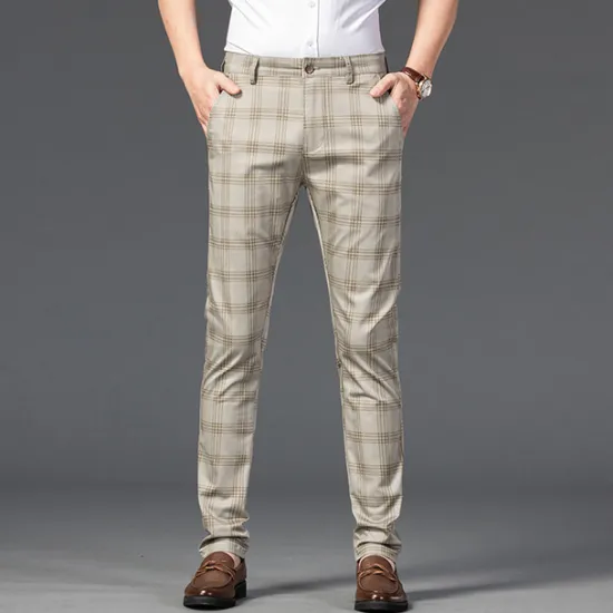 OUKU Men's Trousers Chinos Pants Trousers Jogger Pants Plaid Dress Pants Pocket Classic Straight Leg Lattice Comfort Outdoor Full Length Formal Business Daily Stretch Smart Casual Black Wine Micro-elastic