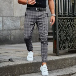 Best OUKU Men's Trousers Chinos Slacks Chino Pants Pencil Plaid Checkered Lattice Soft Full Length Daily Weekend Office / Business Casual / Sporty Light Green Khaki Inelastic