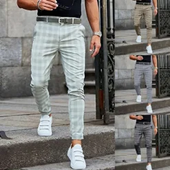 Best OUKU Men's Trousers Chinos Slacks Chino Pants Pencil Plaid Checkered Lattice Soft Full Length Daily Weekend Office / Business Casual / Sporty Light Green Khaki Inelastic
