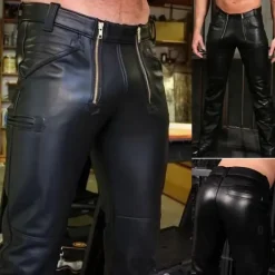 Discount OUKU Men's Trousers Faux Leather Pants Zipper Pocket Straight Leg Solid Color Waterproof Full Length Daily Holiday Going out Stylish Classic Black