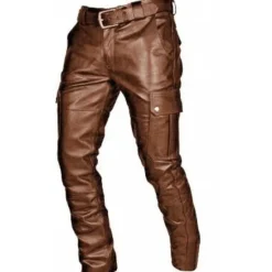 Outlet OUKU Men's Trousers Faux Leather Pants Casual Pants Multi Pocket Solid Color Nightclub Streetwear Fashion Black Red