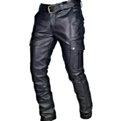 Outlet OUKU Men's Trousers Faux Leather Pants Casual Pants Multi Pocket Solid Color Nightclub Streetwear Fashion Black Red