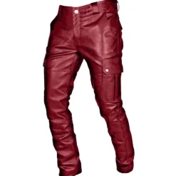 Outlet OUKU Men's Trousers Faux Leather Pants Casual Pants Multi Pocket Solid Color Nightclub Streetwear Fashion Black Red