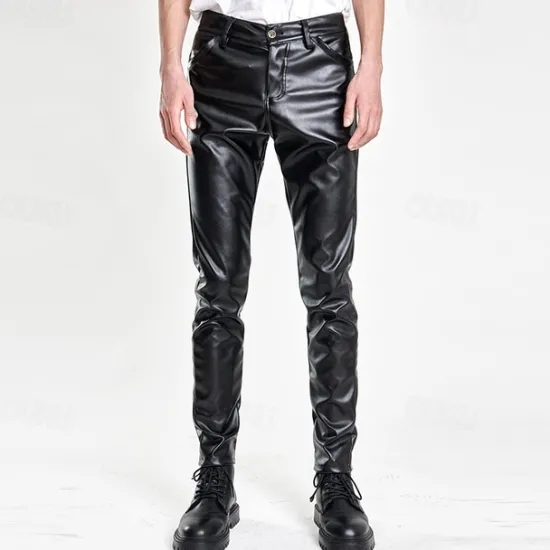 Hot OUKU Men's Trousers Faux Leather Pants Casual Pants Pocket Plain Comfort Breathable Outdoor Daily Going out Fashion Casual Black White