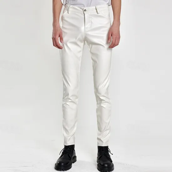 Hot OUKU Men's Trousers Faux Leather Pants Casual Pants Pocket Plain Comfort Breathable Outdoor Daily Going out Fashion Casual Black White