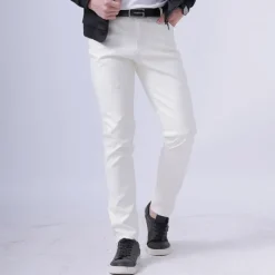 Outlet OUKU Men's Trousers Faux Leather Pants Casual Pants Pocket Straight Leg Plain Stretch Party Daily Wear Fashion Streetwear Black White
