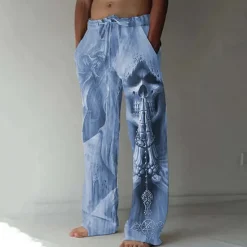 Clearance OUKU Men's Trousers Summer Pants Beach Pants Drawstring Elastic Waist 3D Print Skull Graphic Prints Comfort Casual Daily Holiday Streetwear Hawaiian Blue Green
