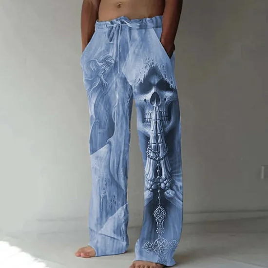 Clearance OUKU Men's Trousers Summer Pants Beach Pants Drawstring Elastic Waist 3D Print Skull Graphic Prints Comfort Casual Daily Holiday Streetwear Hawaiian Blue Green