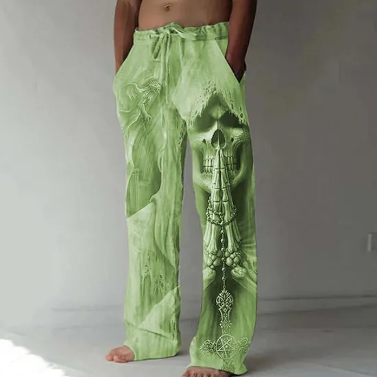 Clearance OUKU Men's Trousers Summer Pants Beach Pants Drawstring Elastic Waist 3D Print Skull Graphic Prints Comfort Casual Daily Holiday Streetwear Hawaiian Blue Green