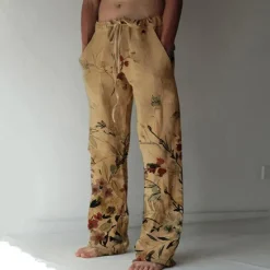 Discount OUKU Men's Trousers Summer Pants Beach Pants Elastic Drawstring Design Front Pocket Straight Leg Graphic Prints Flower / Floral Comfort Soft Casual Daily For Vacation Linen Like Fabric Fashion Designer