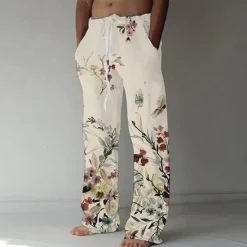 Discount OUKU Men's Trousers Summer Pants Beach Pants Elastic Drawstring Design Front Pocket Straight Leg Graphic Prints Flower / Floral Comfort Soft Casual Daily For Vacation Linen Like Fabric Fashion Designer