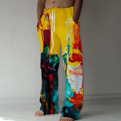 Online OUKU Men's Trousers Summer Pants Beach Pants Elastic Drawstring Design Front Pocket Straight Leg Graphic Prints Flame Comfort Soft Casual Daily For Vacation Linen Like Fabric Fashion Designer Yellow Blue