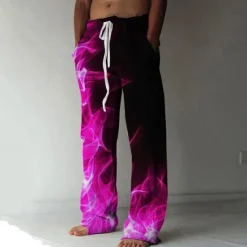 Online OUKU Men's Trousers Summer Pants Beach Pants Elastic Drawstring Design Front Pocket Straight Leg Graphic Prints Flame Comfort Soft Casual Daily For Vacation Linen Like Fabric Fashion Designer Yellow Blue
