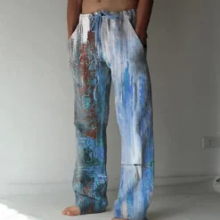 Online OUKU Men's Trousers Summer Pants Beach Pants Elastic Drawstring Design Front Pocket Straight Leg Graphic Prints Flame Comfort Soft Casual Daily For Vacation Linen Like Fabric Fashion Designer Yellow Blue