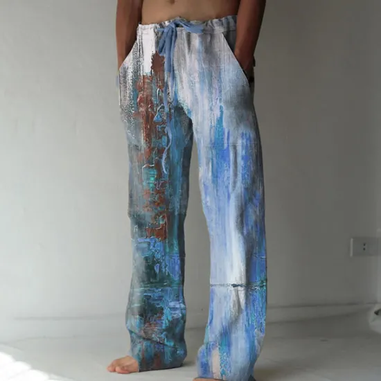 Online OUKU Men's Trousers Summer Pants Beach Pants Elastic Drawstring Design Front Pocket Straight Leg Graphic Prints Flame Comfort Soft Casual Daily For Vacation Linen Like Fabric Fashion Designer Yellow Blue
