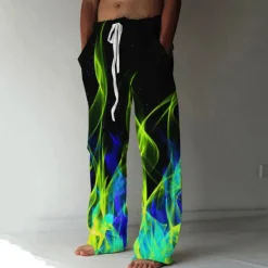 Online OUKU Men's Trousers Summer Pants Beach Pants Elastic Drawstring Design Front Pocket Straight Leg Graphic Prints Flame Comfort Soft Casual Daily For Vacation Linen Like Fabric Fashion Designer Yellow Blue