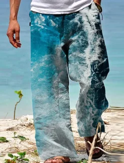 Clearance OUKU Men's Trousers Summer Pants Beach Pants Drawstring Elastic Waist Straight Leg Graphic Prints Spray Comfort Casual Daily Holiday Streetwear Hawaiian Blue Brown