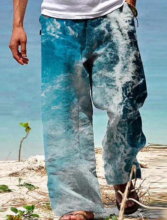 Clearance OUKU Men's Trousers Summer Pants Beach Pants Drawstring Elastic Waist Straight Leg Graphic Prints Spray Comfort Casual Daily Holiday Streetwear Hawaiian Blue Brown