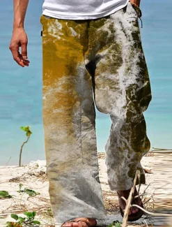 Clearance OUKU Men's Trousers Summer Pants Beach Pants Drawstring Elastic Waist Straight Leg Graphic Prints Spray Comfort Casual Daily Holiday Streetwear Hawaiian Blue Brown