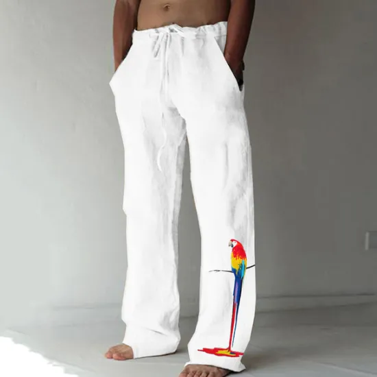 Clearance OUKU Men's Trousers Summer Pants Beach Pants Elastic Drawstring Design Front Pocket Straight Leg Bird Graphic Prints Soft Outdoor Casual Daily For Vacation Fashion Streetwear White Green