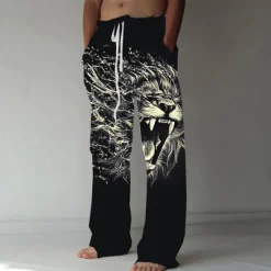 Clearance OUKU Men's Trousers Summer Pants Beach Pants Elastic Drawstring Design Front Pocket Straight Leg Animal Lion Graphic Prints Comfort Soft Casual Daily Fashion Designer Black Green