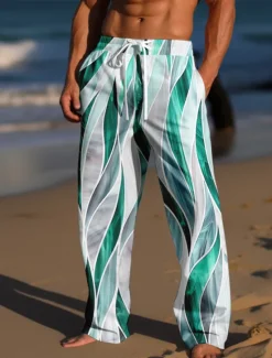 OUKU Men's Trousers Summer Pants Beach Pants Drawstring Elastic Waist 3D Print Color Block Graphic Prints Comfort Casual Daily Holiday Streetwear Hawaiian Light Green Red